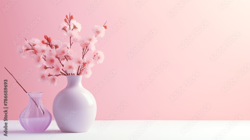 Cherry Blossom Branches in Elegantly Simple Vases Against a Soft Pink Background
