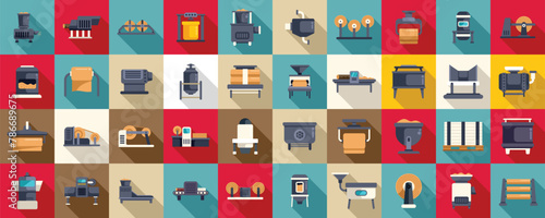 Equipment for paper production icons set flat vector. Factory roll. Wood process