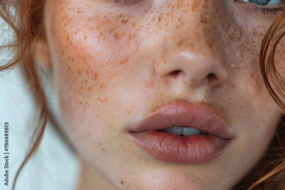 Close-up of a freckled face, perfect for beauty and skincare campaigns.., freckles, fake freckles, beauty trends, makeup technique - Close-up of a freckled face, perfect for beauty and skincare campaigns.., freckles, fake freckles, beauty trends, makeup technique -