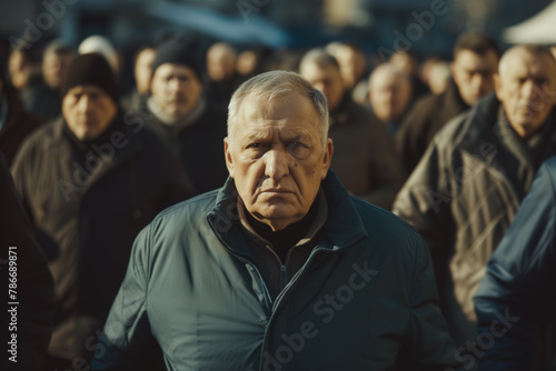 Elderly man standing out in a crowd of people. Generative AI image photo