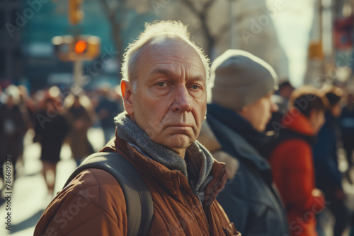 Senior Man in Contemplation on Busy City Street. Generative AI image photo