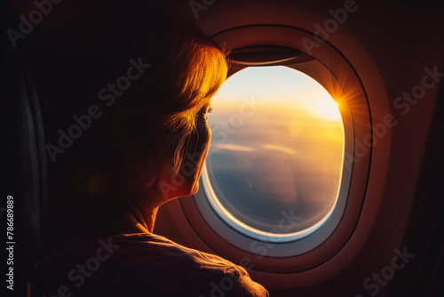 Gazing through airplane window at sunset. Generative AI image photo