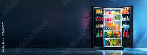 Front View of open two door fridge or refrigerator door filled with fresh fruits, vegetables, juice, full of healthy food items and ingredients inside. Electric Kitchen and Domestic Major Appliances