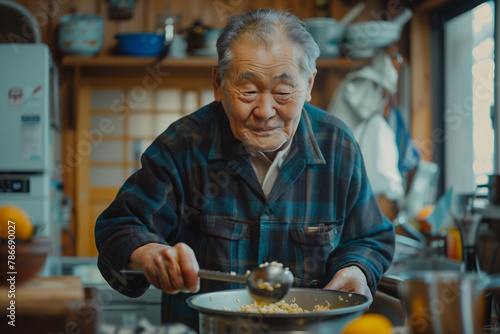Elderly man preparing food with a smile in a homey kitchen. Generative AI image photo
