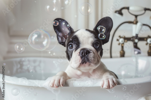 Adorable French Bulldog puppy enjoying a bubble bath. Generative AI image photo
