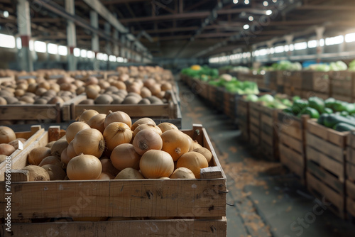 Fresh onions and vegetables at a wholesale market. Generative AI image