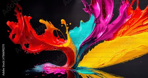 Colorful splashes of paint on a brick wall, graffiti. A bright explosive stream of multi-colored paint with splashes flying in different directions, a dark background.