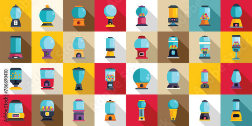 Bubblegum machine icons set flat vector. Vending toy. Slot machine food