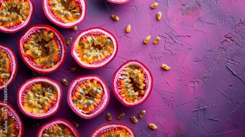 Ripe slices of passion fruit spread out on a vibrant purple background, emphasizing the seedy center, with space for text at the top photo