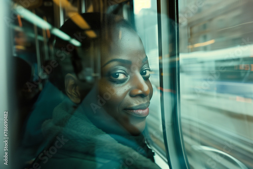 Contemplative woman traveling by train. Generative AI image photo