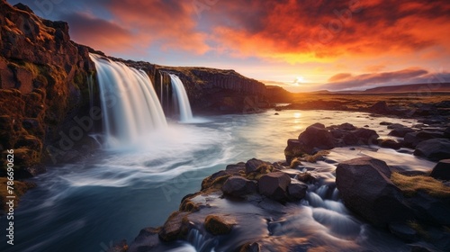 waterfall during the sunset, Beautiful waterfall in Iceland.,