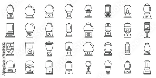 Bubblegum machine icons set outline vector. Vending toy. Slot machine food