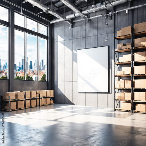 Contemporary warehouse interior with empty mock up poster on wall, racks, boxes, city view and daylight. Logistics and shipping concept. 3D Rendering
 photo