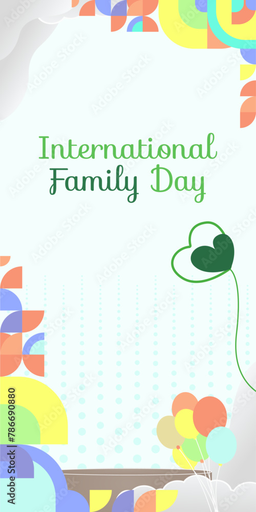 International Family Day vertical banner. Modern geometric abstract background in colorful style for family day. Happy family day greeting card cover with text and empty space