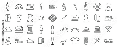 Fashion workshop icons set outline vector. Sewing factory. Garment fabric