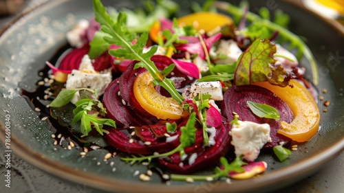 beetroot and goat cheese salad, with a miso and balsamic reduction dressing, served on a chic, modern plate