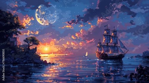 Pixel art of a majestic pirate ship sailing near a coastal village under a cloudy sky