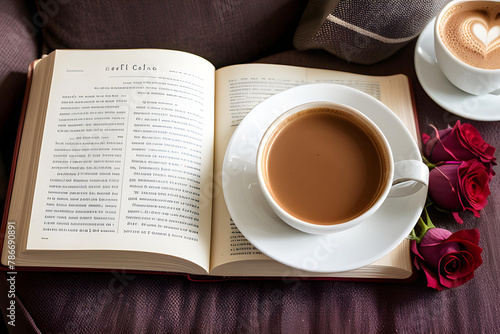 Un café con leche y un libro de apariencia clásico,gen erados por IA