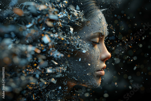 3d render of woman disintegrating into tiny pieces, 3d illustration