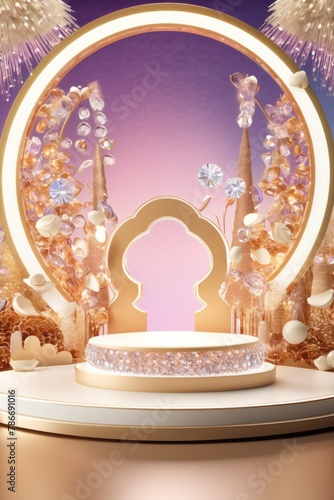 Crystal podium diamond 3d background display glass jewelry product render blue platform. Podium ice crystal stand diamond stage gem white abstract pedestal stone purple luxury sapphire cosmetic scene
