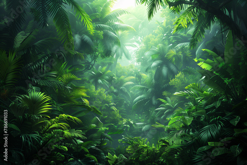 panorama view of tropical rainforest. Panoramic landscape of green jungle  Tropical rain forest jungl  illustration