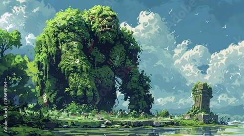 Captivating pixel art of a giant troll in a lush, green landscape with a serene river and flying birds © Yusif