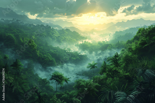Panorama view of tropical rainforest. Panoramic landscape of green jungle  Tropical rain forest jungl  illustration