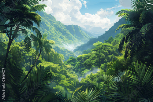 Panorama view of tropical rainforest. Panoramic landscape of green jungle  Tropical rain forest jungl  illustration