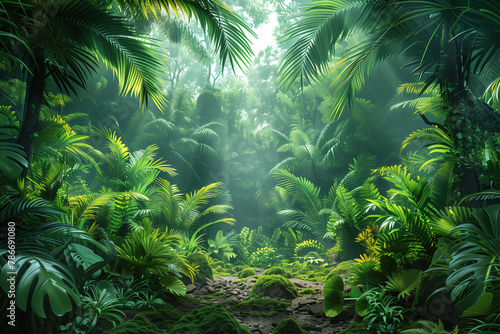 Panorama view of tropical rainforest. Panoramic landscape of green jungle  Tropical rain forest jungl  illustration