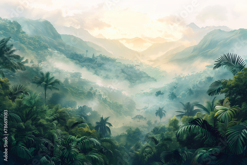 Panorama view of tropical rainforest. Panoramic landscape of green jungle, Tropical rain forest jungl, illustration photo