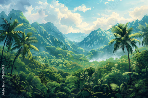 Panorama view of tropical rainforest. Panoramic landscape of green jungle, Tropical rain forest jungl, illustration