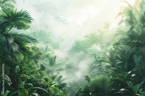 Panorama view of tropical rainforest. Panoramic landscape of green jungle  Tropical rain forest jungl  illustration