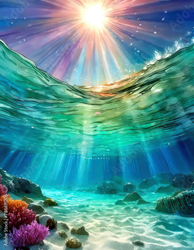 美しい透明なキラキラ水面の波の下南の海の砂底風景 photo