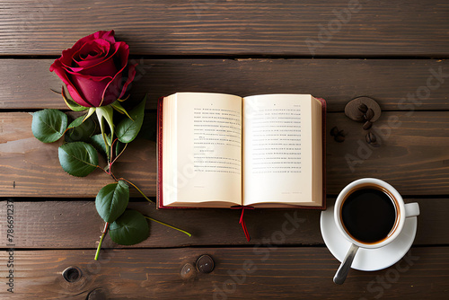 Un libro de apariencia antigua, con una linda rosa y una taza de café photo