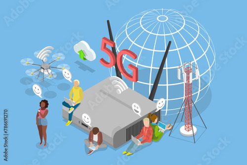 3D Isometric Flat Vector Illustration of 5G Network Wireless, Mobile Telecommunication Technology photo