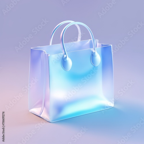 blue shopping bag 3D Trendy holographic retro-futuristic icon. Glossy iridescent geometric shape. Crystal glass element on a bright background