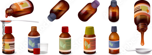Cough syrup icons set cartoon vector. Dosage bottle. Medicine drugstore