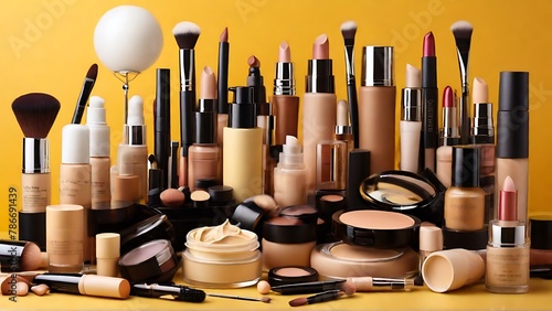 Golden Elegance: Makeup Cosmetics and Gift Box Grace Yellow Background