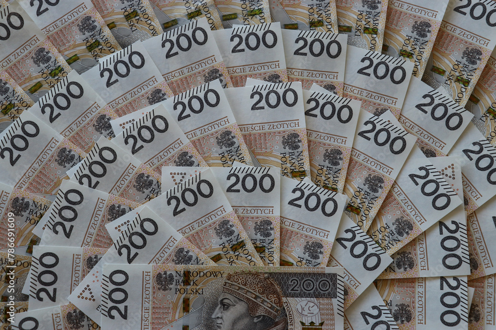 Polish 200 zloty banknotes arranged in a fan