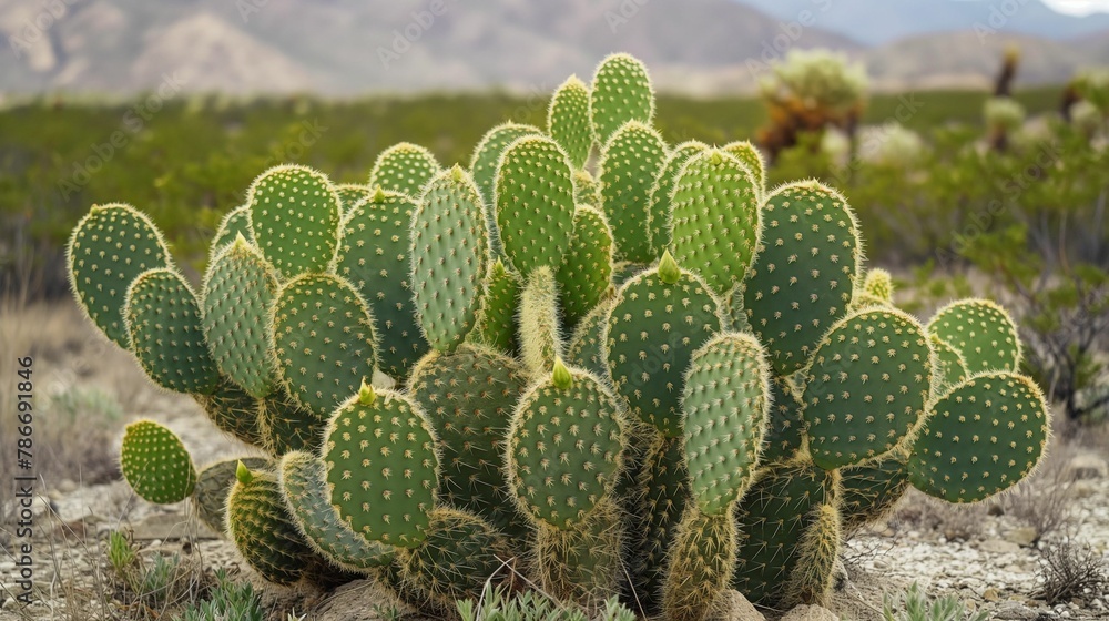 A dense cluster of prickly pear cacti basking in the warm, golden light of the setting sun. A dense cluster of prickly pear cacti basking in the warm, golden light of the setting sun.