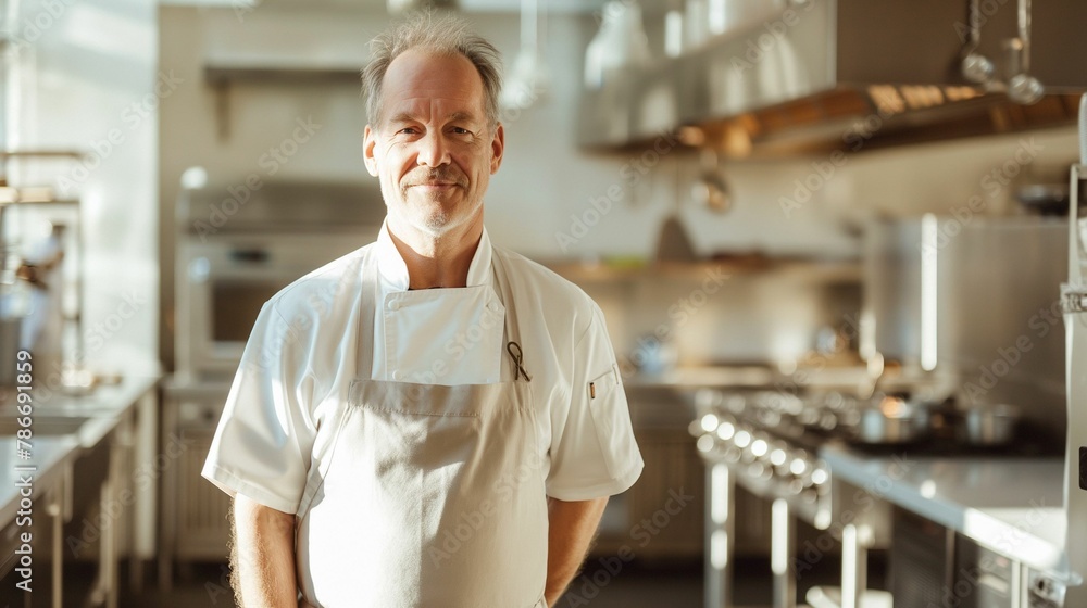 A confident chef with a warm smile stands proudly in a sunlit kitchen.