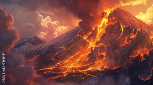 Image of burning volcano nestled amidst the majestic mountains.