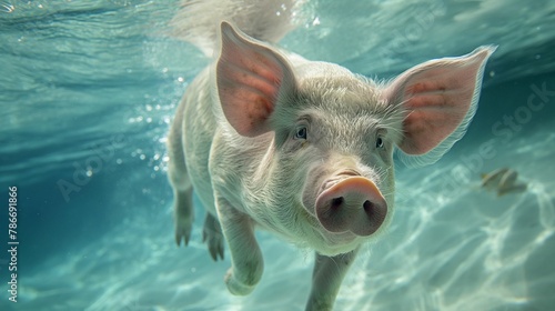 An adorable pig swims with ease in crystal clear turquoise waters. photo