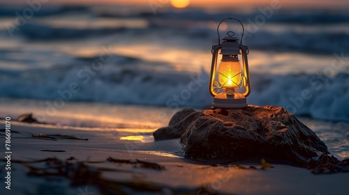 An old-fashioned lantern casts a warm glow on a rocky shore, with waves and sunset in the background. © kept