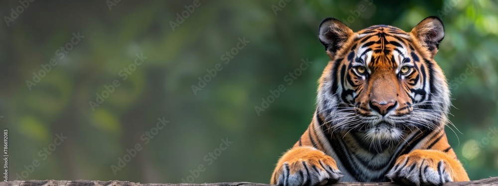 Majestic Tiger Resting Peacefully on a Leafy Tree Branch in the Wild Nature Habitat - obrazy, fototapety, plakaty 