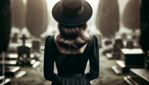 Elegant Woman in Mourning Attire Facing Tombstones photo