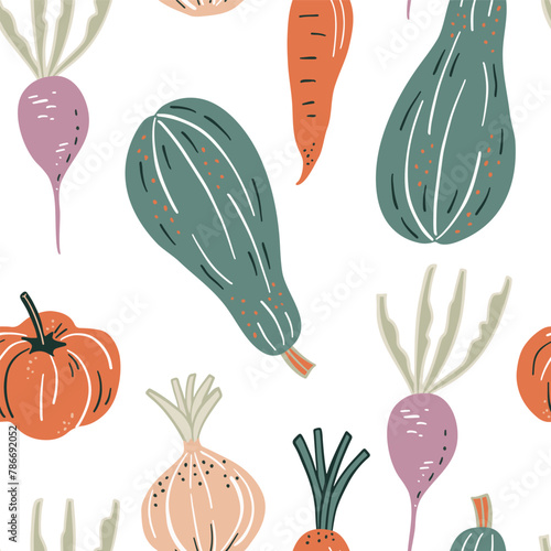 Seamless pattern with hand drawn vegetables. Cute vector illustration.