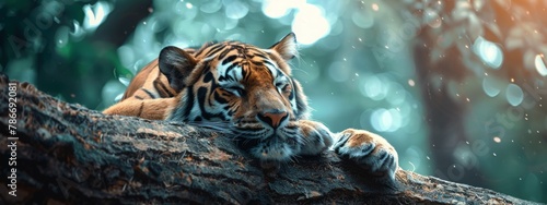 Majestic Tiger Resting Peacefully on a Leafy Tree Branch in the Wild Nature Habitat