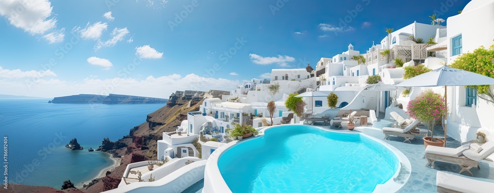 Naklejka premium traditional greek village Oia of Santorini, with blue domes against sea and caldera with sunet in background, Greece, illustration