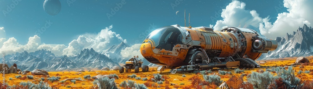 Retro futuristic farm, robotic animals, hover tractors, cybernetic crops Retro futuristic farm, robotic animals, hover tractors, cybernetic crops